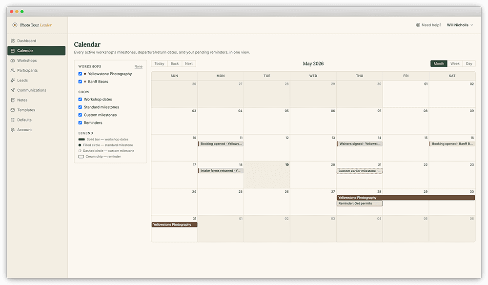Annual calendar view showing all workshops scheduled across the year