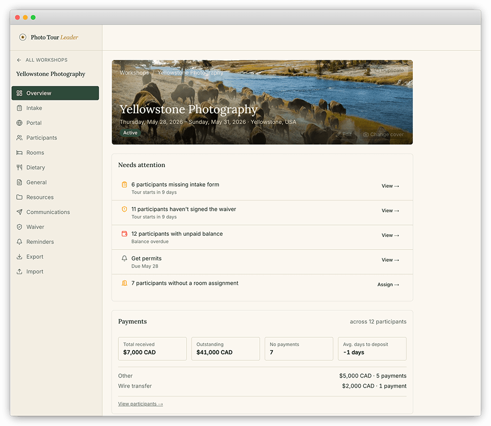 Workshop overview page showing trip details, participant status, and payment summary